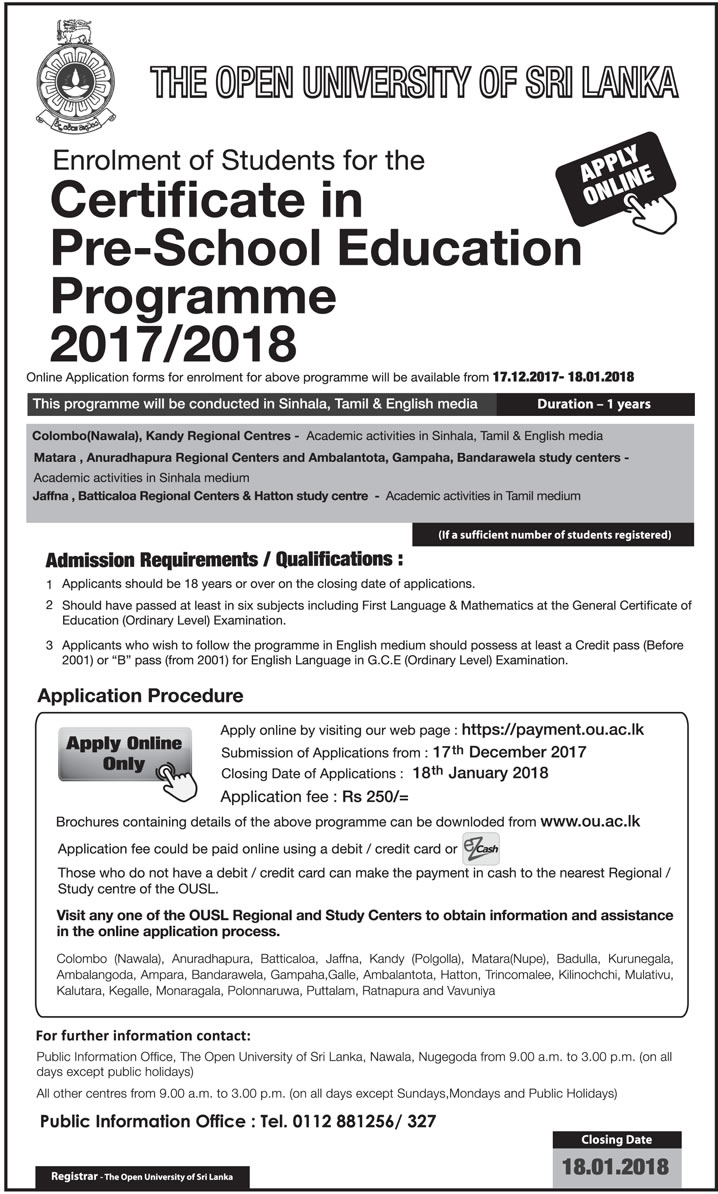 Certificate in Pre-School Education Programme (2017/2018) - Open University of Sri Lanka